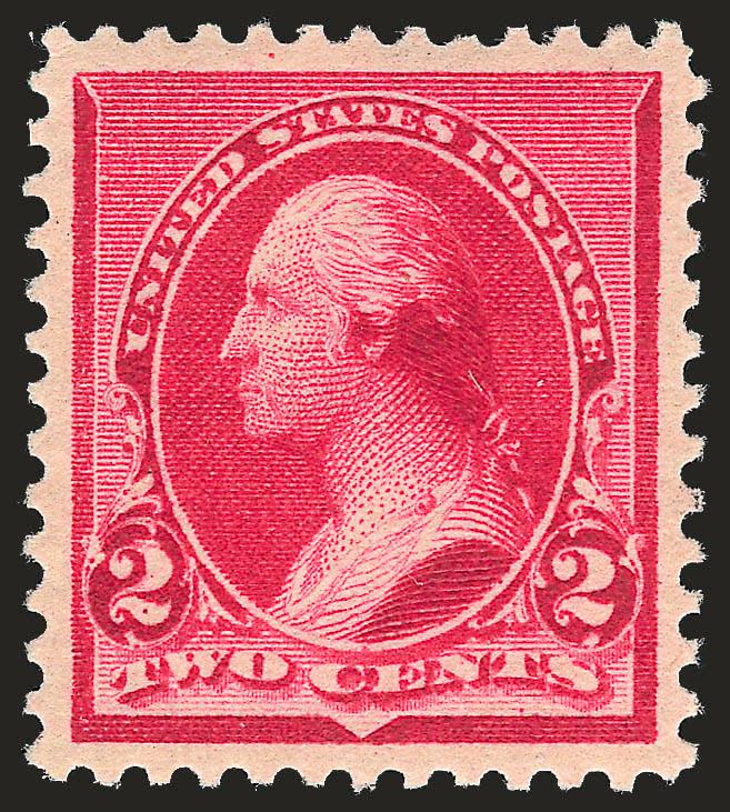 2c Carmine, Cap on Left 2 (220a).> Mint N.H., intense shade and impression on bright paper, unusually choice centering with wide and balanced margins<><>^EXTREMELY FINE GEM. A SUPERB MINT NEVER-HINGED EXAMPLE OF
THE 1890 ISSUE WITH CAP OVER THE L
