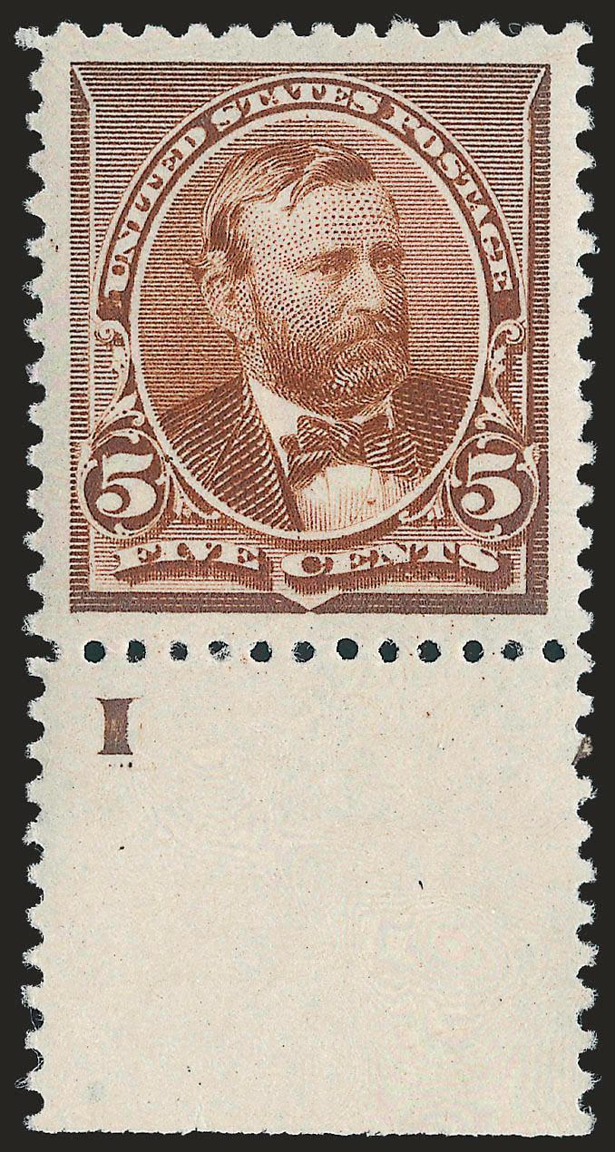 5c Chocolate (223).> Mint N.H. with <wide selvage at bottom with letter I,> perfectly centered with Jumbo margins all around, gorgeous color and fine impression<><>^EXTREMELY FINE GEM. A SUPERB MINT NEVER-HINGED
EXAMPLE OF THE 5-CENT 1890 ISSUE,