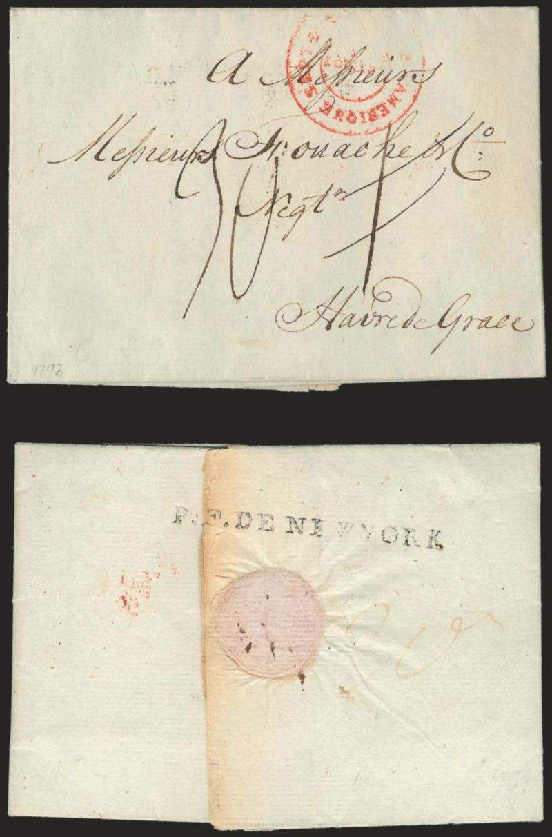 P.F. DE NEW YORK.> Straightline handstamp on back of folded letter datelined <<New York 16 February 1793>> and addressed to Havre de Grace, France, red <Amerique Septentrionale P. LOrient> double-circle
handstamp, manuscript 1 crossed out and