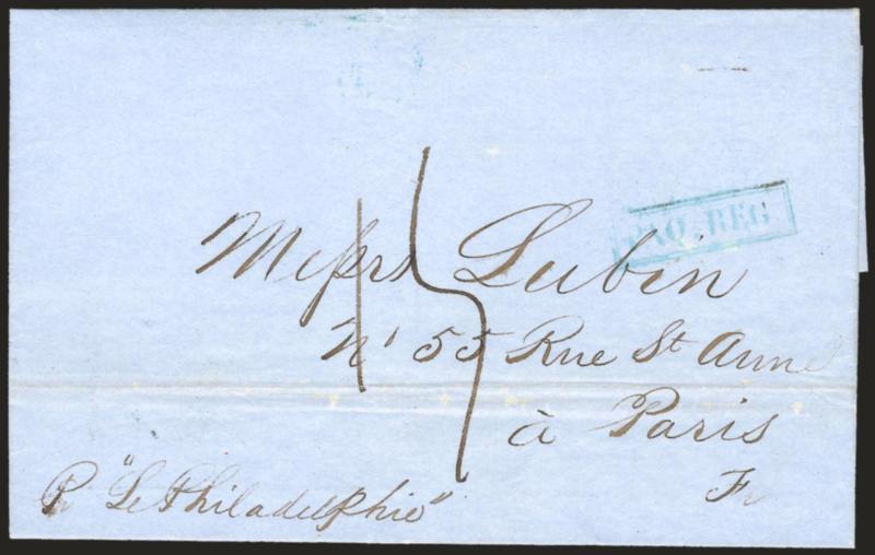 Herout & de Handel Line.> Three folded letters carried on this short-lived French Packet line (in service June 1847 to February 1848): <Aug. 14, 1847,> from New York to Paris <via Cherbourg> with blue <^PAQ.
REG.^> framed handstamp, carried on firs