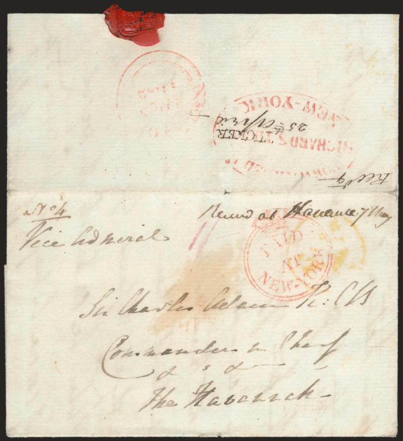 PAID AT NEW-YORK.> Exceptionally clear strike of ritish Postal Agencys Crown-Circle> handstamp on folded letter addressed to <<Sir Charles Adam KCB, Commander in Chief>>, red NEW-YORK AP 23, 1842 British Postal
Agency double-circle datestamp o