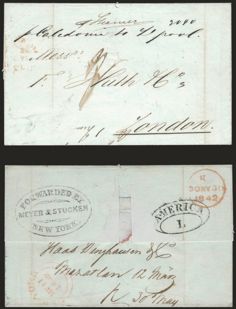 NEW-YORK MY 11, 1842.> Clear strike of British Postal Agencys red circular datestamp on light blue folded cover <from Mazatlan, Mexico to London, England,> neat America L handstamp and also Forwarded by Meyer &
Stucken, New York oval handstamp,