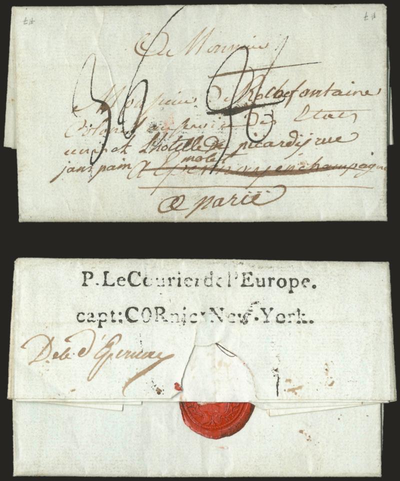 P. Le Courier de lEurope.capt:CORnickNew-York.> Clear strike of two-line handstamp on folded letter datelined <<Philadelphie le 13 Dece. 1784>> and addressed to Epernay, France, carried on <<Le Courier de
lEurope>> from New York on December 31,