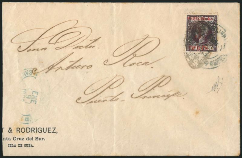 CUBA, Puerto Principe, 1898-99, 3c on 1c Black (196).> Fourth printing (Cuba), Third printing (U.S.), Position 3, tied by <blue oval grid of Santa Cruz del Sur> and also by indistinct strike of  Correo de Puerto
Principe, Ysla de Cuba, ? ENO 1899 d
