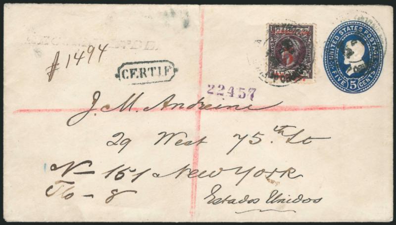 CUBA, Puerto Principe, 1898-99, 5c on 1c Black Violet (198).> Fourth printing (Cuba), Third printing (U.S.), Position 5, tied by indistinct strike of Feb. 1899 double-circle datestamp on registered <U.S. 5c Blue
entire> to New York, purple registry n