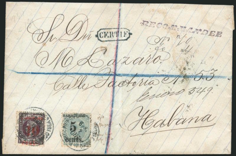 CUBA, Puerto Principe, 1898-99, 10c on 1c Black Violet (200).> Fourth printing (Cuba), Third printing (U.S.), Position 2, <used with 5c on 4m Blue Green (218),> Fifth printing, Position 4, tied by strikes of
Correo de Puerto Principe, Ysla de Cuba,