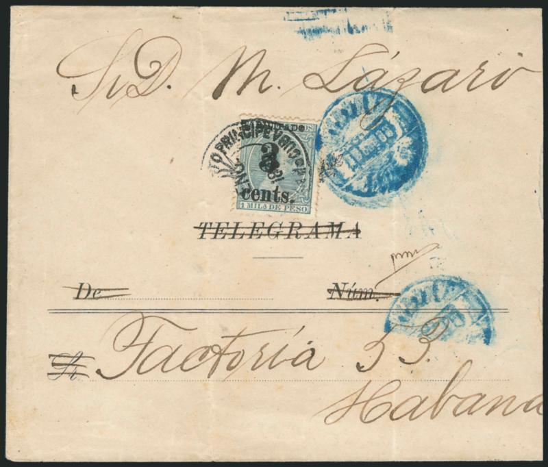 CUBA, Puerto Principe, 1898-99, 3c on 1m Blue Green (201).> Fifth printing, Position 2, tied by Correo de Puerto Principe, Ysla de Cuba, ENO ? 1899 double-circle datestamp and also by blue Havana datestamp on
cover to Havana, Telegram imprint cross