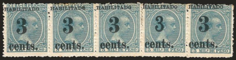 CUBA, Puerto Principe, 1898-99, 3c on 3m Blue Green (205, 205b, 206).> Fifth printing, complete setting of five in strip, original gum with few tropical toned spots as to be expected, <Positions 3 and 4 the
eents variety,> few perf separations sens