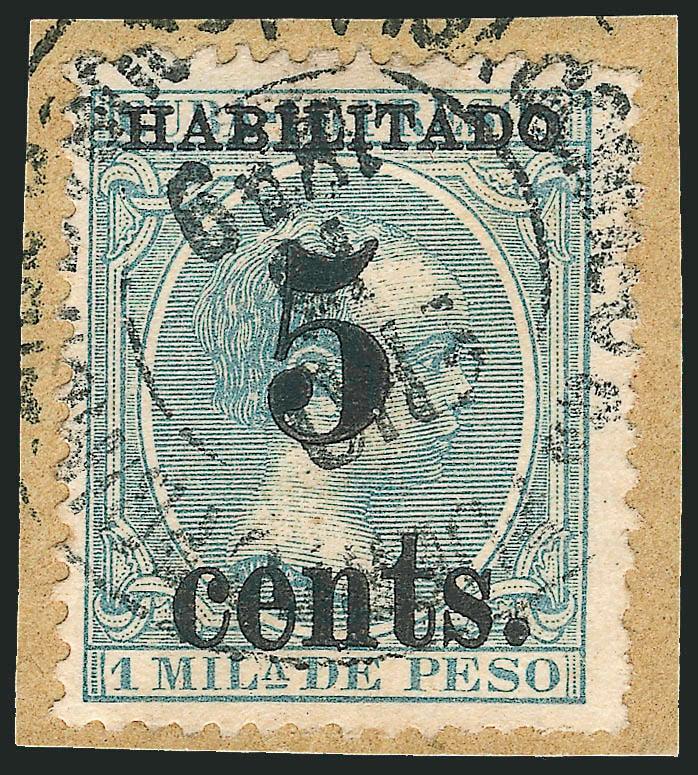 CUBA, Puerto Principe, 1898-99, 5c on 1m Blue Green (211).> Fifth printing, Position 2, tied by Correo de Puerto Principe, Ysla de Cuba, ENO 1? 1899 double-circle datestamp on small piece, bright color, Very
Fine and choice, a beautiful example of