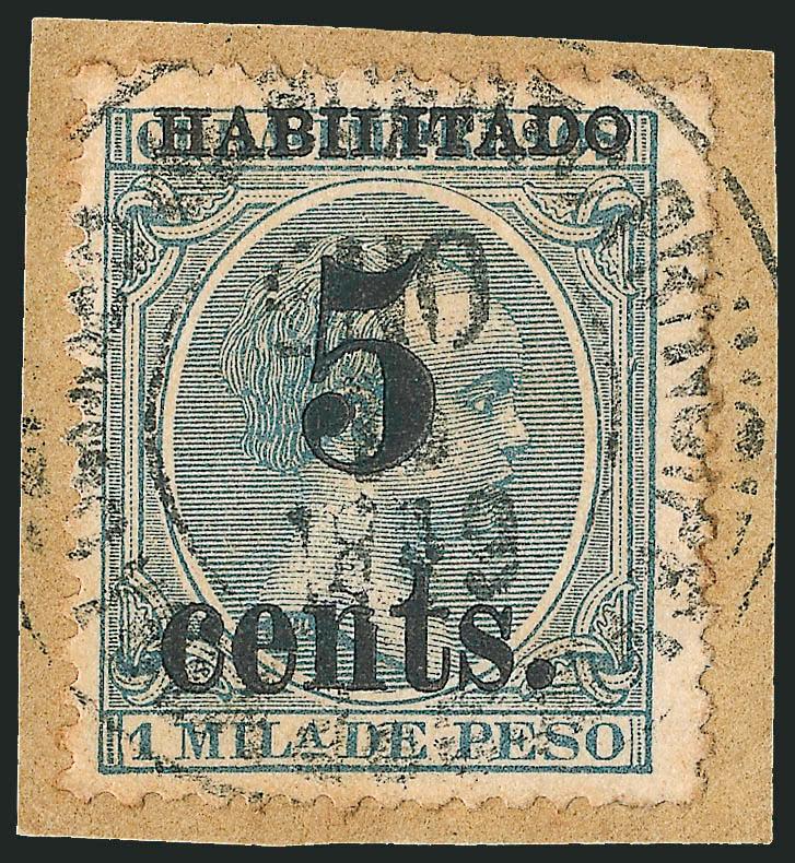 CUBA, Puerto Principe, 1898-99, 5c on 1m Blue Green (211).> Fifth printing, Position 5, tied by Correo de Puerto Principe, Ysla de Cuba, ENO 1? 1899 double-circle datestamp on small piece, rich color, few
trivial toned specks, still Very Fine examp