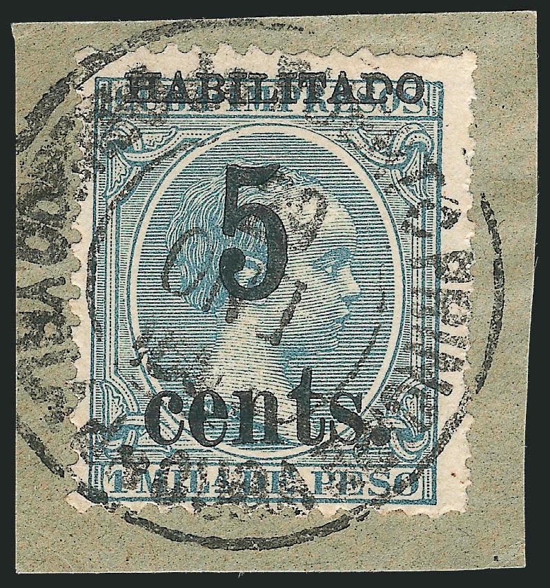 CUBA, Puerto Principe, 1898-99, 5c on 1m Blue Green (212).> Fifth printing, Position 4 with narrow numeral, tied by Correo de Puerto Principe, Ysla de Cuba, 29 ENO 1899 double-circle datestamp on small piece,
bright color, Very Fine and choice exam