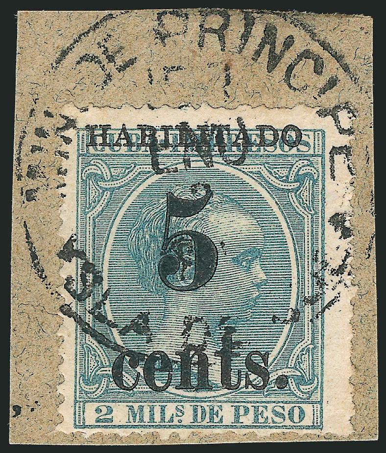 CUBA, Puerto Principe, 1898-99, 5c on 2m Blue Green (213).> Fifth printing, Position 2, tied by Min. de Principe, Ysla de Cuba, ENO 1? 1899 circular datestamp on small piece, bright color, Fine example of this
scarce issue, ex Robertson, with 1988