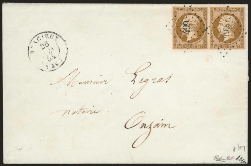 FRANCE, 1852, 10c Pale Bister on Yellowish (10 Yvert 9).> Horizontal pair, large and even margins all around, tied by large 499 in diamond of dots, Bracieux 26 Juin 53 double-circle datestamp on folded printed
marriage notice to Onzam, transit a
