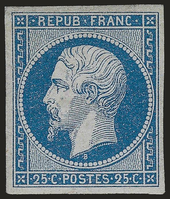 FRANCE, 1852, 25c Blue on Bluish (11 Yvert 10).> Original gum, lightly hinged, large and even margins, beautiful color<><>^FRESH AND EXTREMELY FINE ORIGINAL-GUM EXAMPLE OF THE 1852 25-CENTIMES LOUIS NAPOLEON
ISSUE.^<><>Yvert e3,650