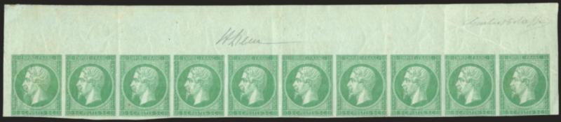 FRANCE, 1854, 5c Green on Greenish (13 Yvert 12).> Horizontal strip of ten from the top row of the sheet and with <sheet margin on three sides,> large margin to clear at bottom right, original gum, h.r. in sheet
margin at top only, a few are possibl