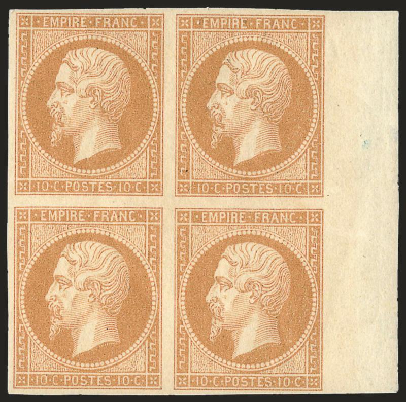 FRANCE, 1860, 10c Bister on Yellowish, Ty. II (14c Yvert 13Ba).> Block of four, original gum, top stamps h.r., large to huge margins incl. <sheet margin at right,> vibrant color, few trivial natural gum
wrinkles<><>^EXTREMELY FINE. A BEAUTIFUL ORI