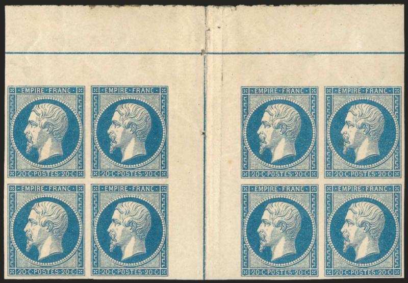 FRANCE, 1853, 20c Milky Blue, Ty. I (15b Yvert 14Af).> Block of eight with <vertical gutter with guideline and also sheet margin at top with guideline,> original gum, h.r., top left stamp small thin speck, few
flaws in gutter and sheet margin<><>^
