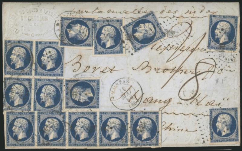 FRANCE, 1853, 15c Dark Blue, Ty. I (15 var Yvert 14Ab).> Block of four, horizontal strip of five and six singles, generally large margins to few just in, tied by diamond of dots cancels, Valreas 10 Mai 56
double-circle datestamps on blue folded le
