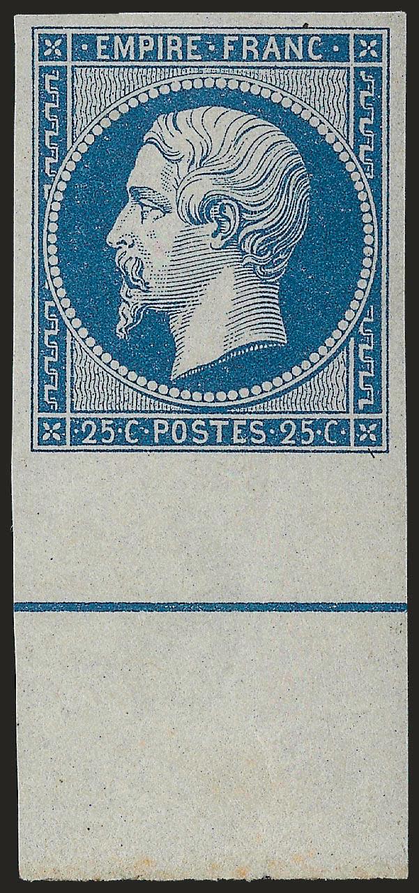 FRANCE, 1853, 25c Blue on Bluish (17 Yvert 15b).> Original gum, single hinge mark, huge margins all around incl. <sheet margin with printers guide at bottom,> bright color, thin spot entirely in sheet margin at
guideline<><>^EXTREMELY FINE ORIGIN