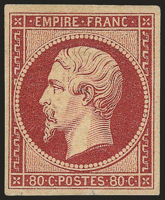 FRANCE, 1854, 80c Dark Carmine (19 var Yvert 17A).> Original gum, large and even margins all around, tiny thin speck<><>^EXTREMELY FINE APPEARING ORIGINAL-GUM EXAMPLE OF THE 1854 80-CENTIMES NAPOLEON III ISSUE
IN THE DISTINCTIVE DARK CARMINE SHADE