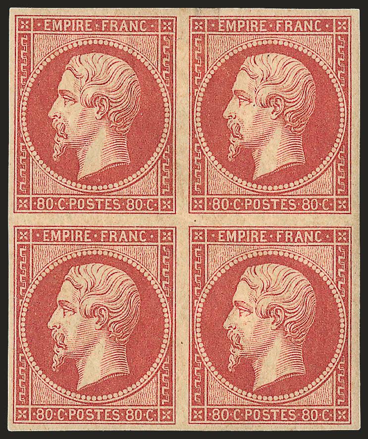 FRANCE, 1854, 80c Carmine Rose (20 var Yvert 17Ab).> Block of four, original gum, h.r. at top, large and even margins all around, beautiful color, diagonal crease affects top left and bottom right stamps, few
minor paper imperfections<><>^VERY FIN