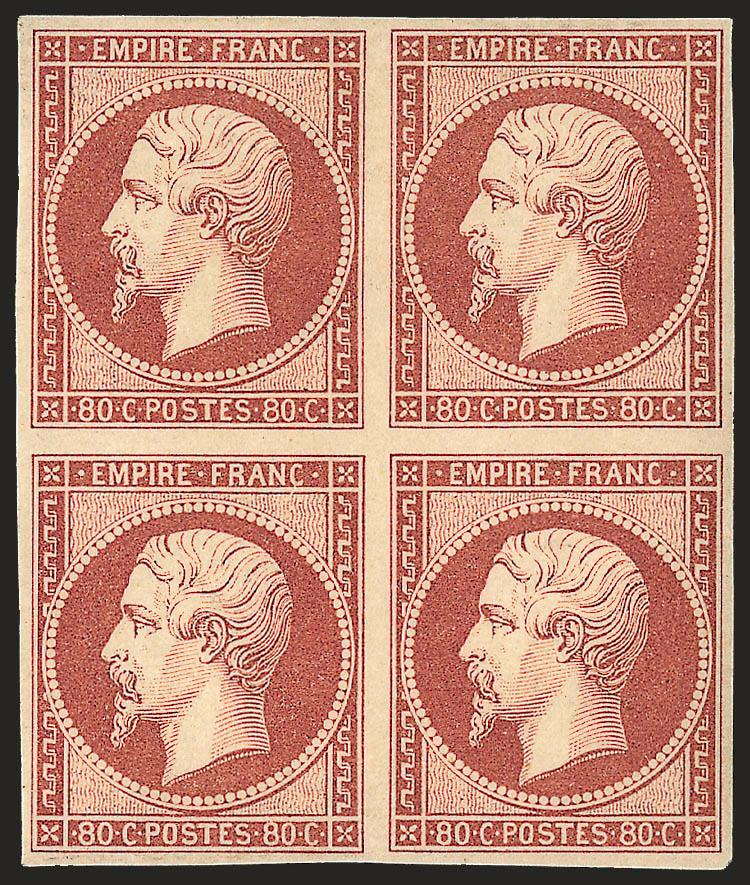 FRANCE, 1860, 80c Dull Carmine (20 var Yvert 17Ae).> Block of four, original gum, lightly hinged, large margins all around, distinctive color which is remarkably fresh<><>^EXTREMELY FINE. A BEAUTIFUL SOUND
ORIGINAL-GUM BLOCK OF FOUR OF THE 1860 80