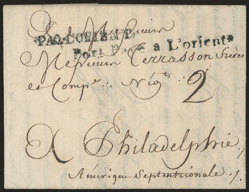 PAQ. LORIENT.> Straightline handstamp and additional <Port Paye a Lorient*> straightline on folded letter datelined <<St Quentin le 23 May 1784>> and addressed to Philadelphia, manuscript 20 sols prepaid rate
marking on back along with endors