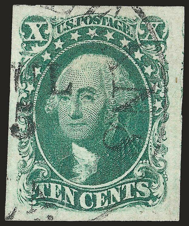 10c Green, Ty. IV (16).> Recut at top, Position 3R, the so-called <Misplaced Relief,> showing breaks in lines above each X, huge margins all around, neat strike New Orleans La. Jul. 5 circular datestamp, bright
shade and crisp impression<><>^EX