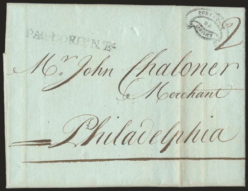 PAQ. LORIENT.> Lightly-inked but readable strike of straightline handstamp with <Port-Paye De LOrient> fancy framed prepayment handstamp on greenish folded letter datelined <<LOrient 20 Novr 1784>> to
Philadelphia, carried by the French Royal