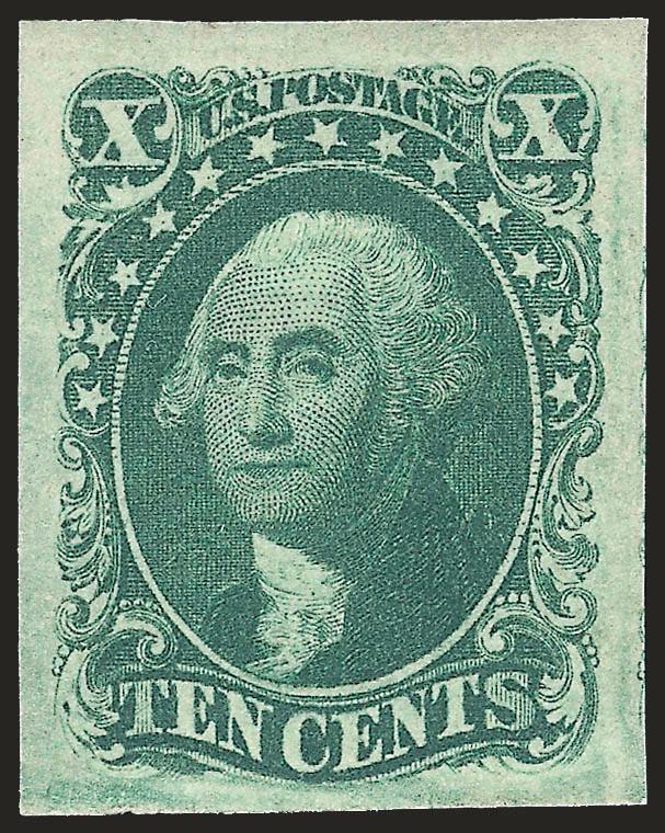 10c Green, Ty. II (14).> Original gum, lightly hinged, enormous margins all around which frame the design like a small die proof, deep rich color and proof-like impression<><>^EXTREMELY FINE GEM. THIS STAMP IS
ONE OF THE FINEST ORIGINAL-GUM EXAMPLE