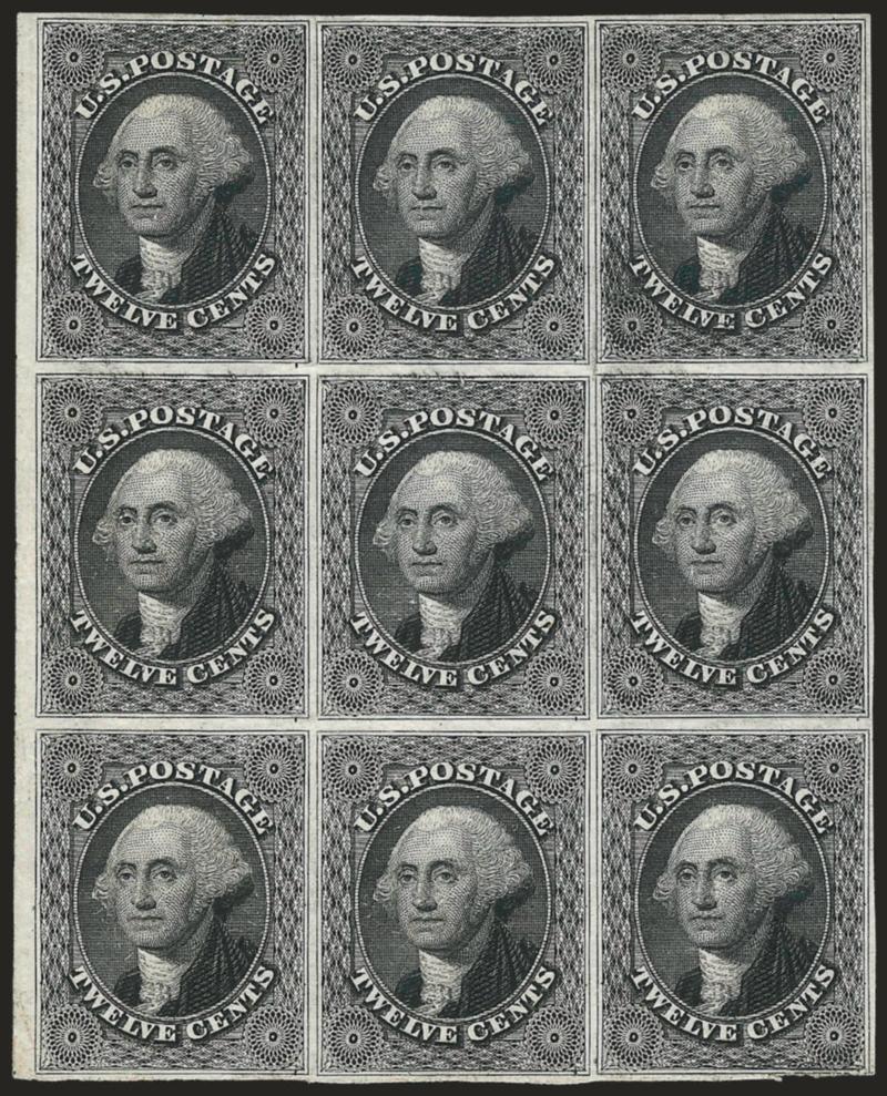 12c Grayish Black, Part India Paper (17 var).> Positions 61-6371-7381-83L1, block of nine with part of <left sheet margin,> original gum unevenly applied (a characteristic of original-gum examples on Part India
paper and described on accompanying c