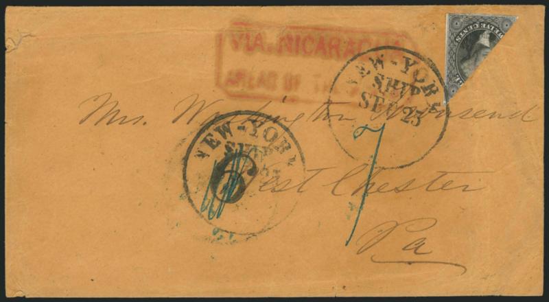 12c Black, Diagonal Half Used as 6c (17a).> Bottom right half tied by <New-York Ship Sep. 25> (ca. 1853-54) circular datestamp on cover to West Chester Pa., clear strike of red <^VIA NICARAGUAAHEAD OF THE MAILS^>
framed handstamp applied in San