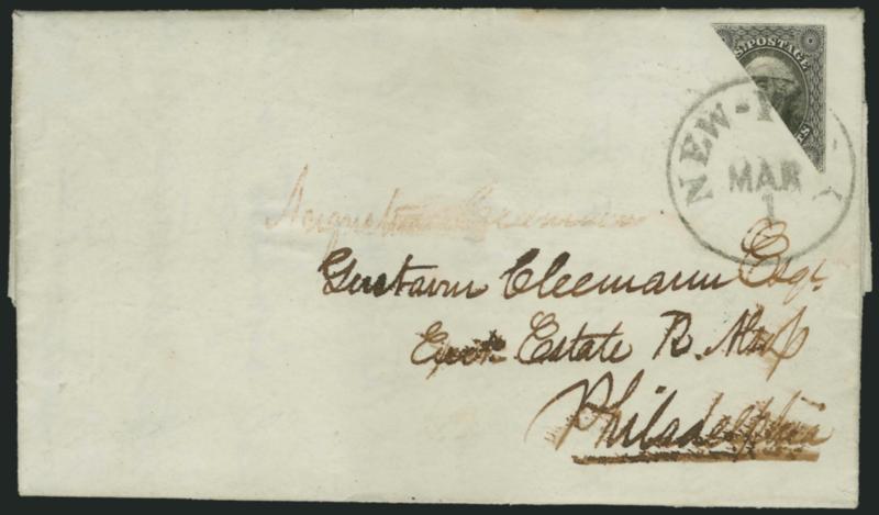 12c Black, Diagonal Half Used as 6c (17a).> Upper right diagonal half, even margins just into outer frameline, well-tied across the cut by New-York Mar. 1 circular datestamp on 1853 folded letter <from New York
City to Philadelphia,> sender wrote a