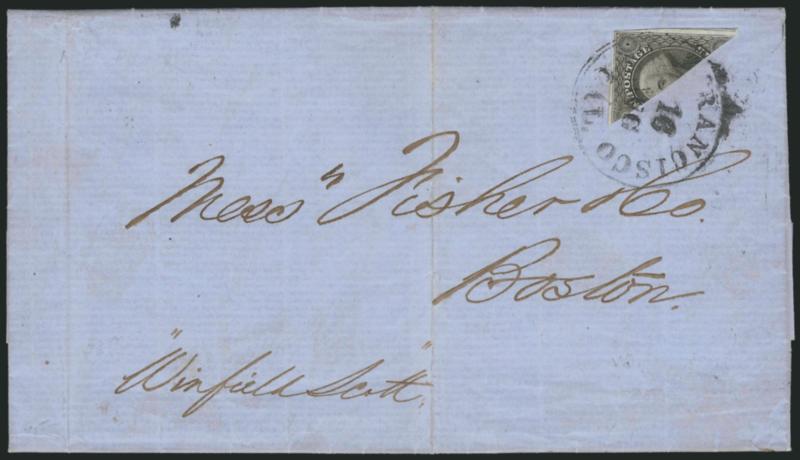 12c Black, Diagonal Half Used as 6c (17a).> Large margins, bright shade, tied across the cut by San Francisco Cal. 16 Aug. circular datestamp on 1853 folded letter to Boston, senders ship-name designation
<<Winfield Scott>> at lower left, light
