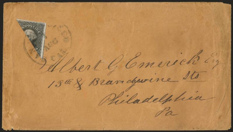 12c Black, Diagonal Half Used as 6c (17a).> Top right diagonal half, large margins, tied across the cut by San Francisco Cal. Aug. 1 circular datestamp on buff cover to Philadelphia, some edgewear<><>^VERY FINE.
A CHOICE EXAMPLE OF THE 12-CENT 18