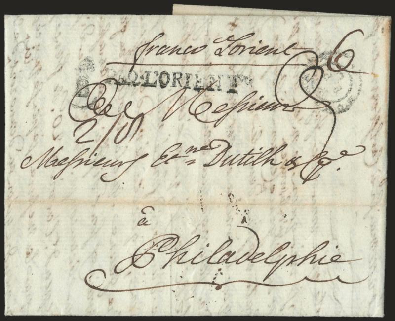 PAQ. LORIENT.> Clearly struck straightline handstamp, faint strikes of B (Bordeaux) and P.P. Bordeaux (Port Paye) circular handstamps on folded letter datelined <ordeaux 29 Janvier 1785>> and addressed to
Philadelphia, senders endorsement <<