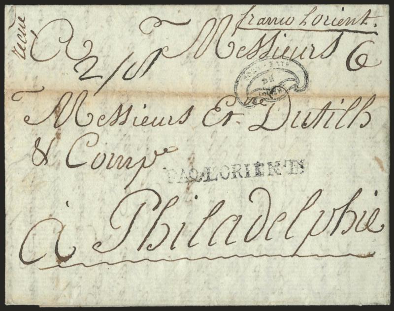 PAQ.LORIENT.> Clearly struck straightline and <Port Paye De LOrient> fancy framed handstamp on folded letter datelined <ordeaux 22 Mars 1785>> and addressed to Philadelphia, senders endorsement <<franco Lorient,>>
manuscript 38 sols on