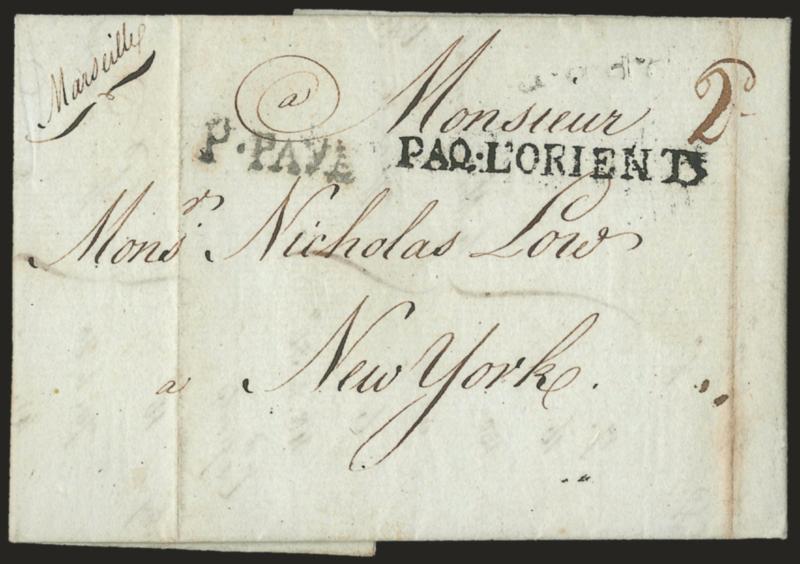 PAQ.LORIENT.> Incredibly bold strike of straightline handstamp, faint strike of ^P.P.P.P.^ (upside down at top) and ^P.PAYE^ handstamps on folded letter datelined <<Marseille 1st Augst. 1785>> and addressed to New
York, carried on the fourth v