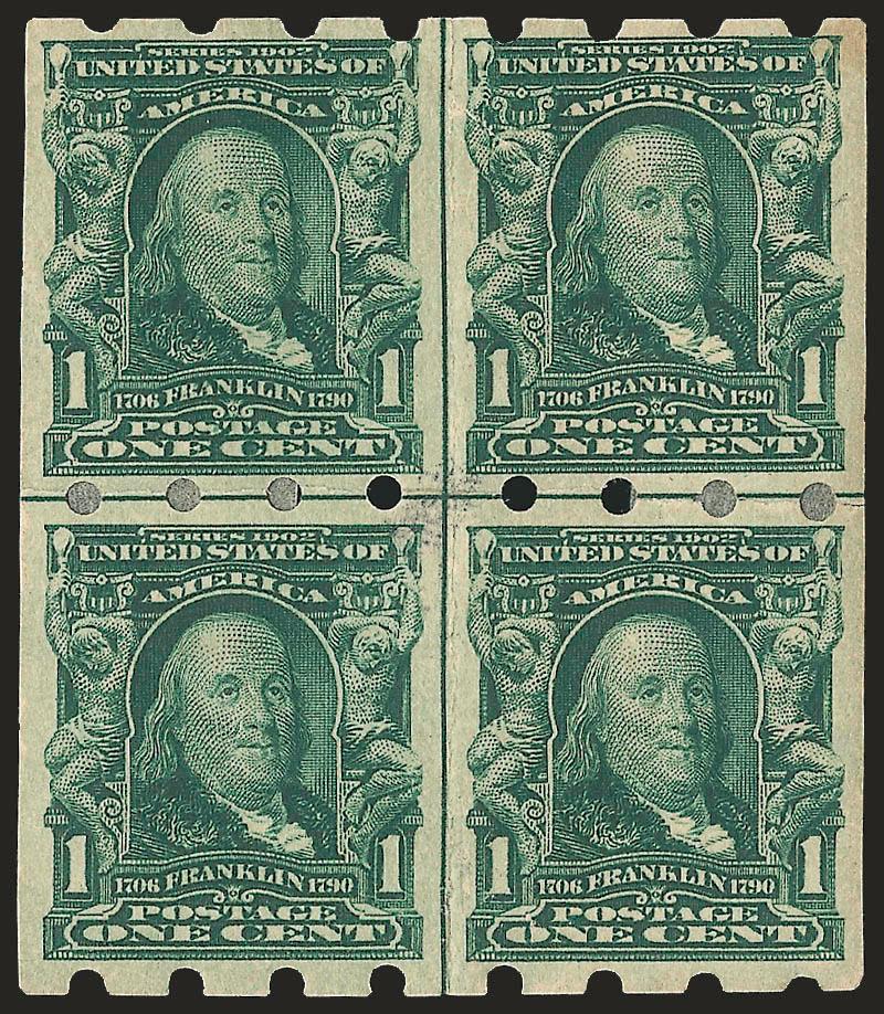 1c Green, Brinkerhoff Ty. I (314).> Center line block of four, h.r., deep rich color, folded along vertical guide line (which is how this was produced), few flaws<><>^VERY FINE APPEARANCE. THIS IS THE ONLY
RECORDED BLOCK OF ANY BRINKERHOFF STAMP, A