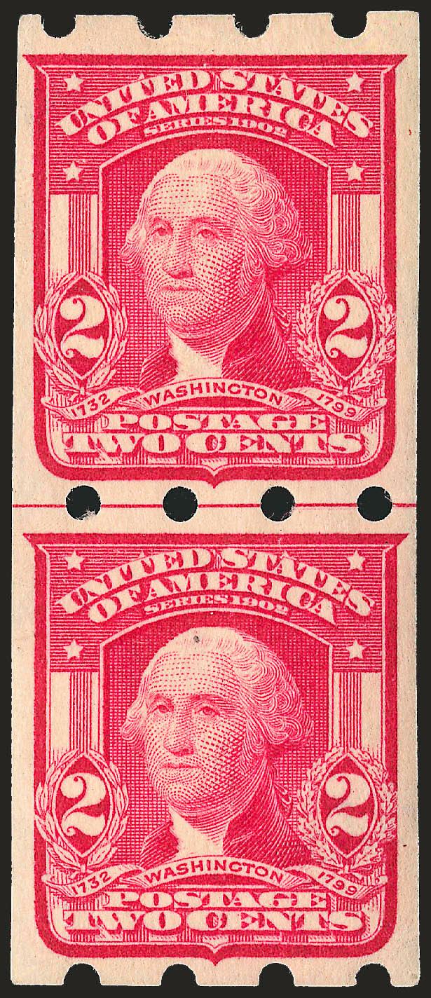 2c Carmine, Brinkerhoff Ty. I (320).> Guide line pair, top stamp h.r., radiant color, choice centering, bottom stamp trivial natural inclusion, Extremely Fine, pencil notations on back