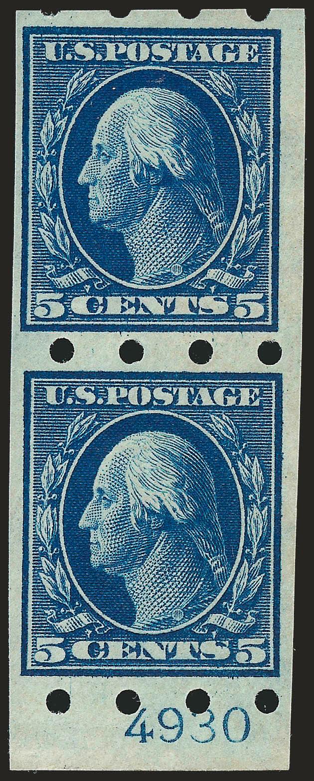 5c Blue, Brinkerhoff Ty. I (347).> Pair with <plate no. 4930> at bottom, deep rich color, top stamp h.r., Very Fine, probably unique with the plate no., ex Col. Green, bottom stamp blue backstamp