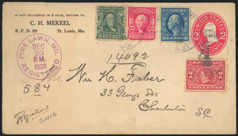 5c Blue, Brinkerhoff Ty. I (347).> Clear perforations, used with <1c Blue Green, U.S. Automatic Vending Machine Ty. IA Perforations (314)> and also 2c Shield Imperforate (320) and <2c Alaska-Yukon, Brinkerhoff
Ty. IIA (371),> tied by St. Louis Mo. D