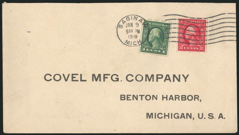 1c Green, 2c Carmine, Brinkerhoff Ty. I (408-409).> Rich colors, tied by Saginaw Mich. Jan. 9, 1918 postmark on cover to Covel Manufacturing Co. in Benton Harbor Mich., fresh and Very Fine usage paying the 3c
emergency rate, these covers were prepa