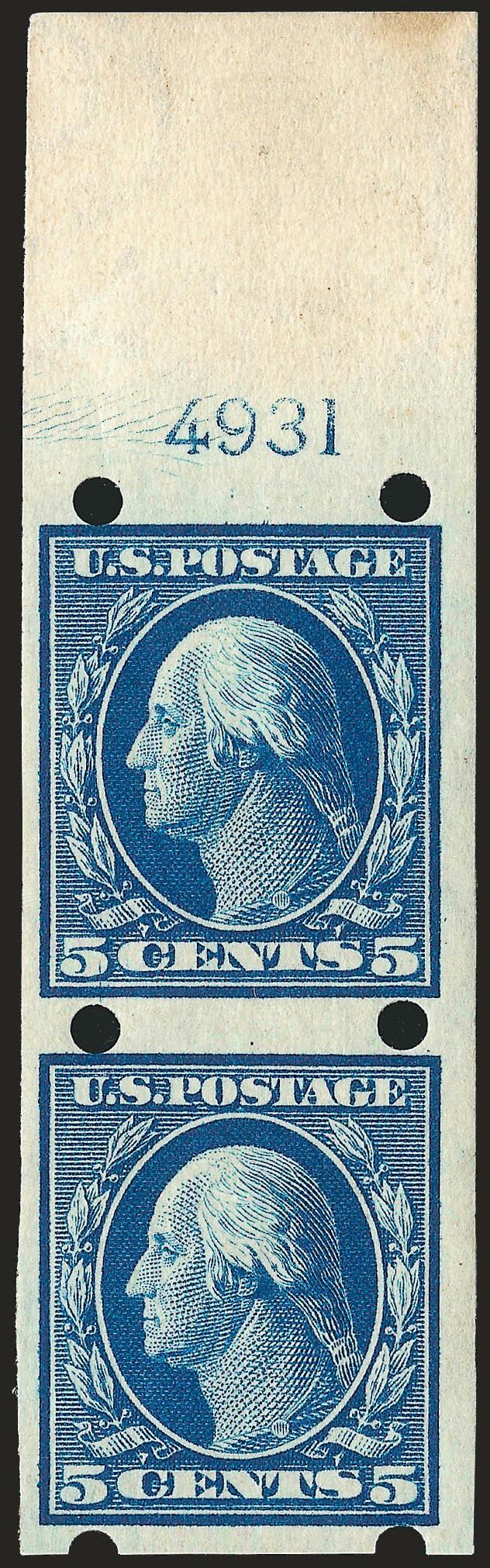 1c-5c 1908-09 Issue, Brinkerhoff Ty. II (343-347).> Pairs of each, <4c and 5c with plate nos. at top,> bottom stamps Mint N.H., fresh and Fine-Very Fine, possibly unique with the plate nos.
