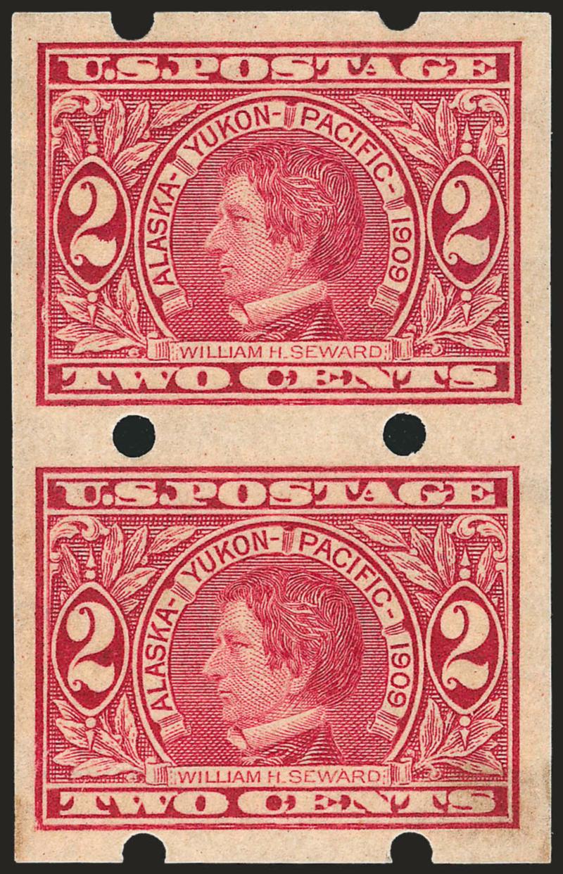 2c Alaska-Yukon, Brinkerhoff Ty. II, Coiled Endwise (371).> Pair, h.r. at top, rich color, light gum soak at bottom right not mentioned on accompanying certificates, Very Fine appearance, with 1973 A.P.S. and
1993 P.F. certificates