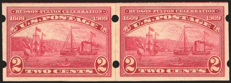 2c Hudson-Fulton, Brinkerhoff Ty. II, Coiled Sidewise (373).> Mint N.H. paste-up pair, deep rich color, Very Fine and choice, a beautiful pair, with 1999 P.F. certificate, Scott Retail as hinged