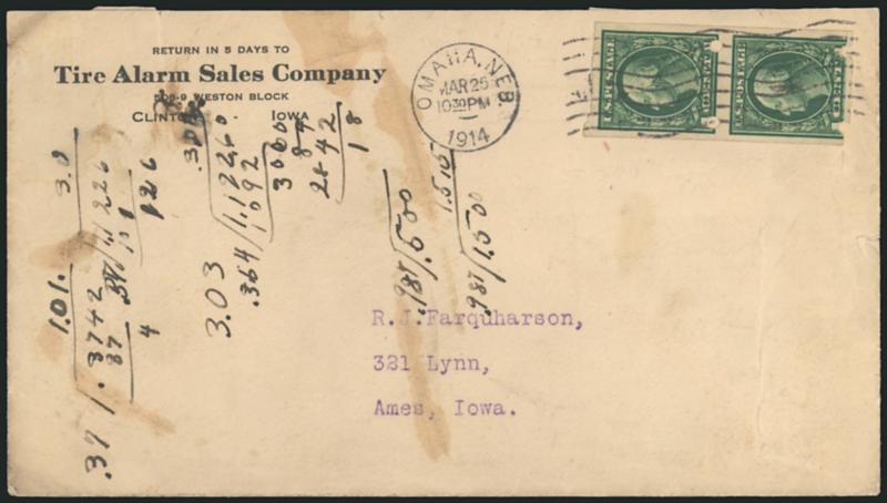 1c Green, Brinkerhoff Ty. II (408).> Pair, bottom stamp shows paste-up at bottom, tied by Omaha Neb. Mar. 25, 1914 machine cancel on Tire Alarm Sales Co. return address cover to Ames Iowa, the pair does not show
the slits that should have been cut