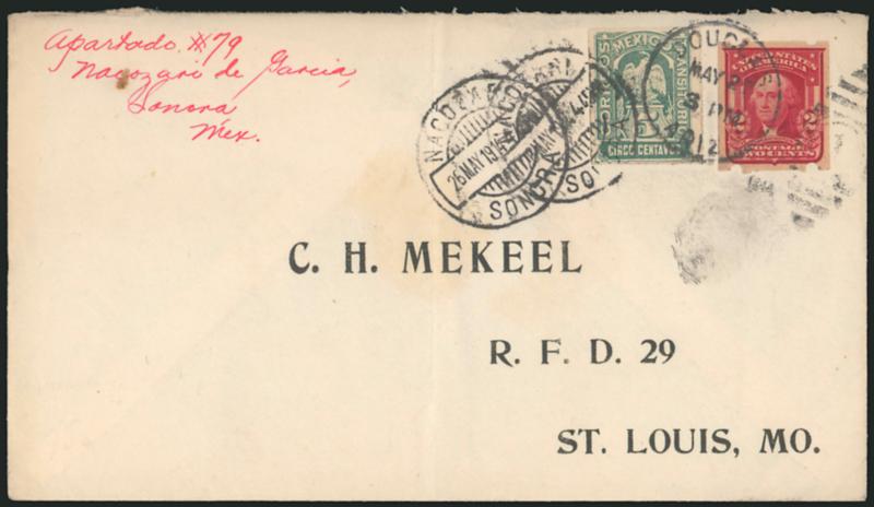 2c Scarlet, Brinkerhoff Ty. IIa (320a).> Rich color, tied by Douglas Ariz. May 27, 1914 duplex cancel on cover to Mekeel in St. Louis, also with <Mexico 5c stamp (369)> tied by Nacozari, Sonora 26 May 1914
origination datestamps, light vertical f