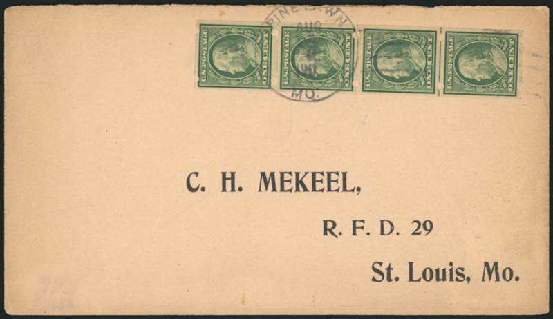 1c Green, Brinkerhoff Ty. IIa (383).> Strip of four with <guide line> between bottom stamps, tied by Pine Lawn Mo. Aug. 28, 1911 circular datestamp on cover with printed address to Mekeel in St. Louis, some
slight cover toning, Very Fine, scarce us