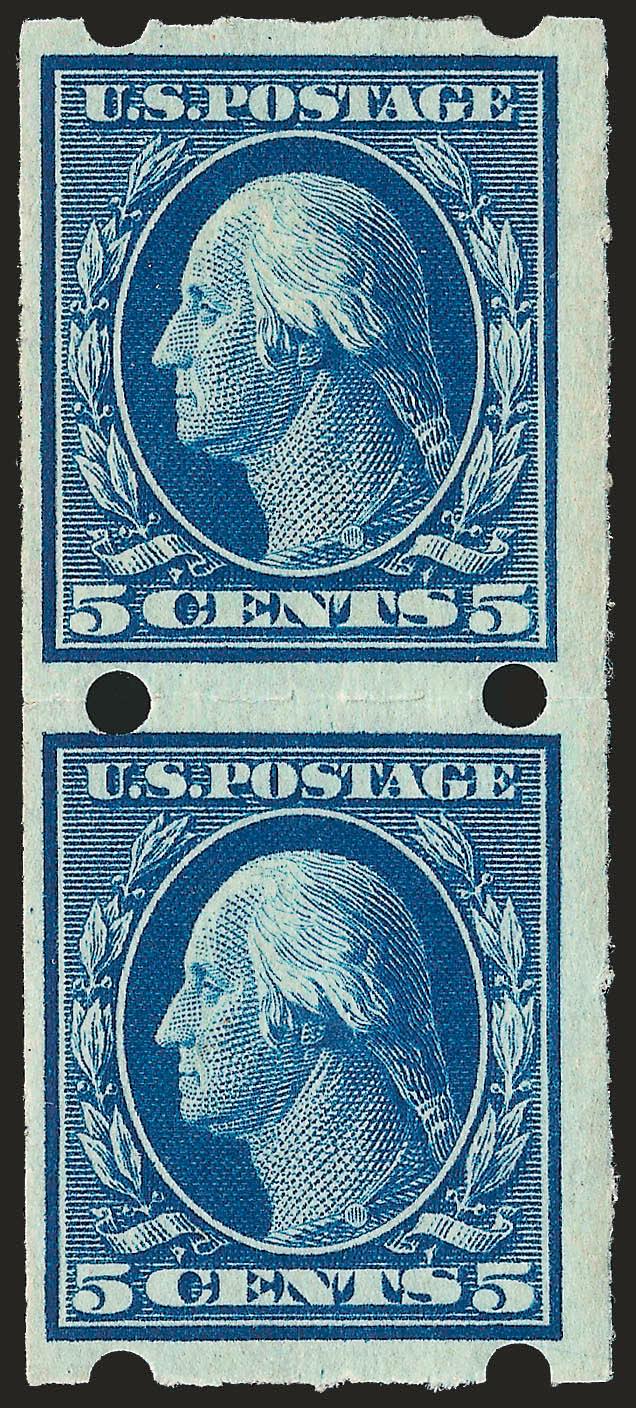 1c-5c 1908-09 Issue, Brinkerhoff Ty. IIb (343-347).> Pairs of each, 2c with paste-up tab at bottom, 4c with paste-up tab at top, rich colors, Very Fine set, 3c with 1999 P.F. certificate